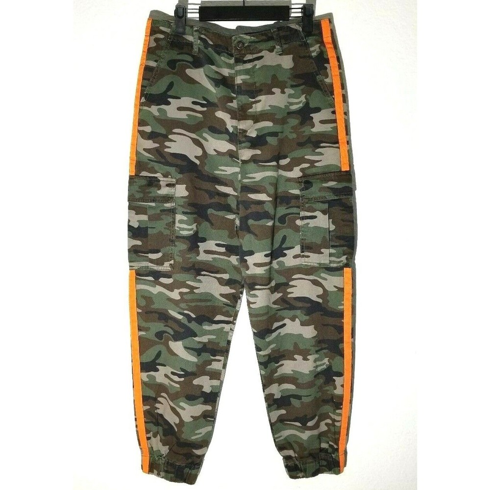 Forever 21 LA Women's Olive Camo Orange Stripe Elastic Ankle Pants size XS NWT